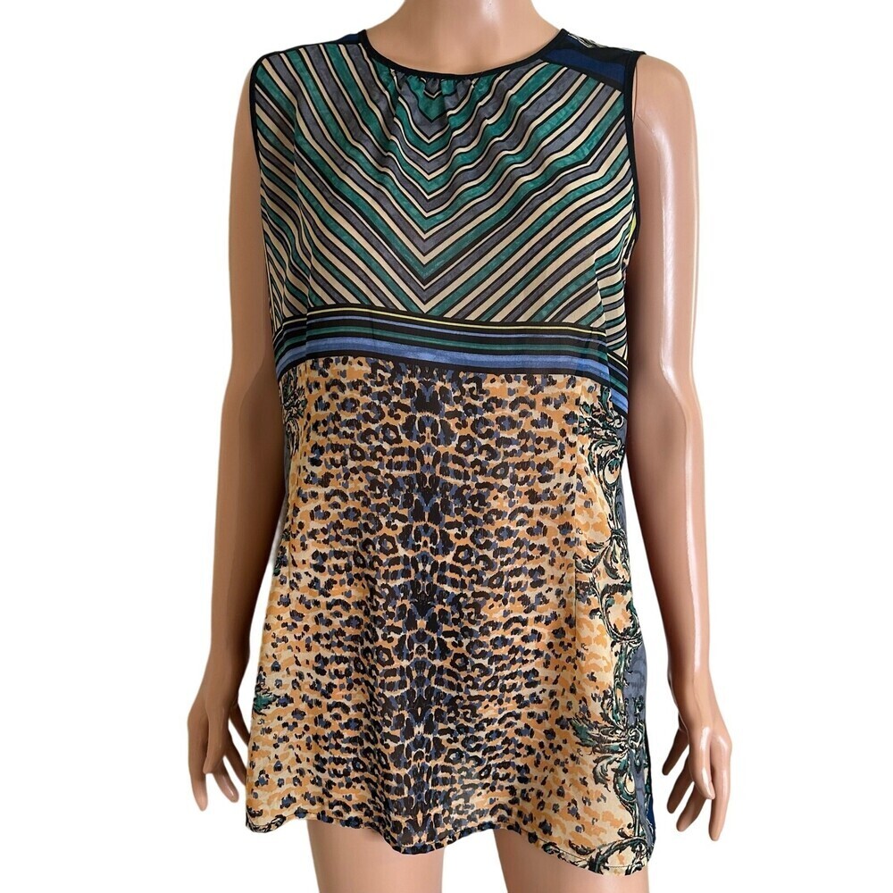 Cabi Buchanan mixed print top blouse tank black lightweight keyhole back SZ LG - Picture 2 of 8